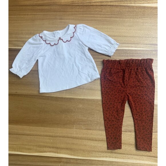 Cat & Jack Baby Girl White Blouse & Red Pants Set With Scalloped Collar Size 3-6 - Picture 2 of 12